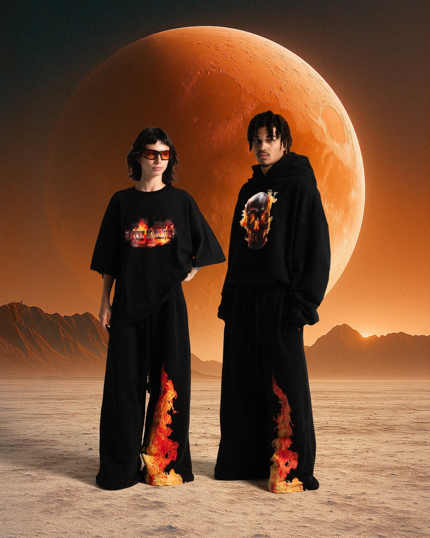 SKULL IN FLAMES DOUBLE HOOD HOODIE