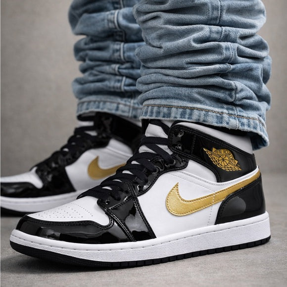Jordan 1 Mid Patent Black White Gold