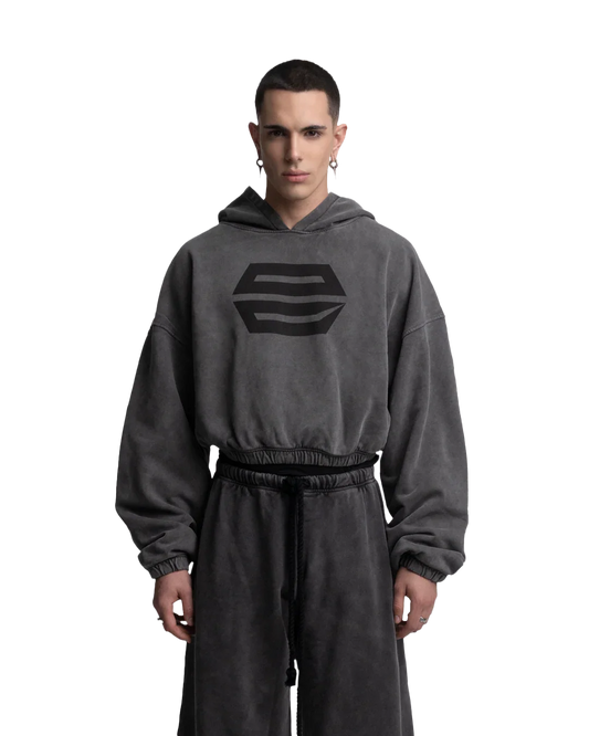 HEAVY-WEIGHT WASHED GREY REVERSE LOGO HOODIE