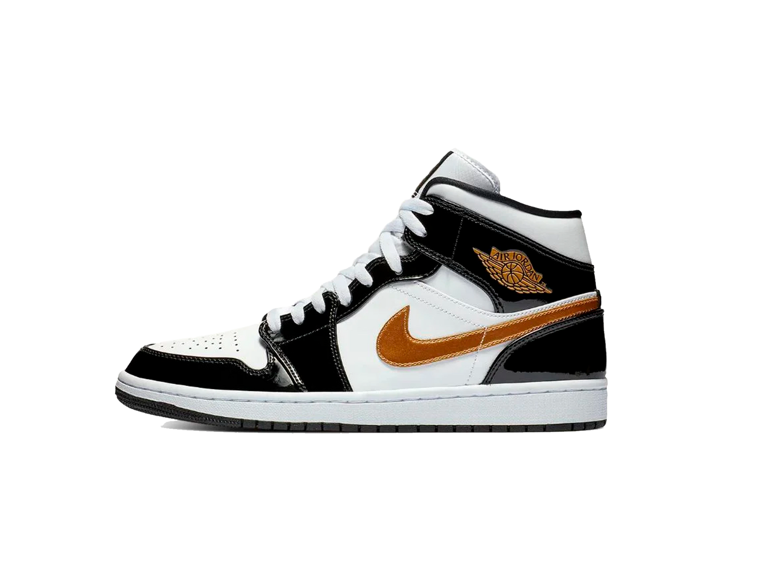 Jordan 1 Mid Patent Black White Gold