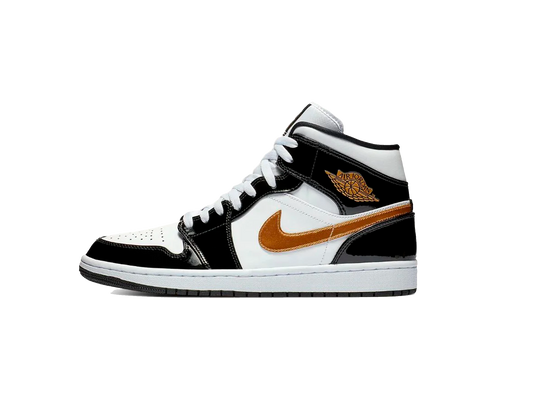 Jordan 1 Mid Patent Black White Gold