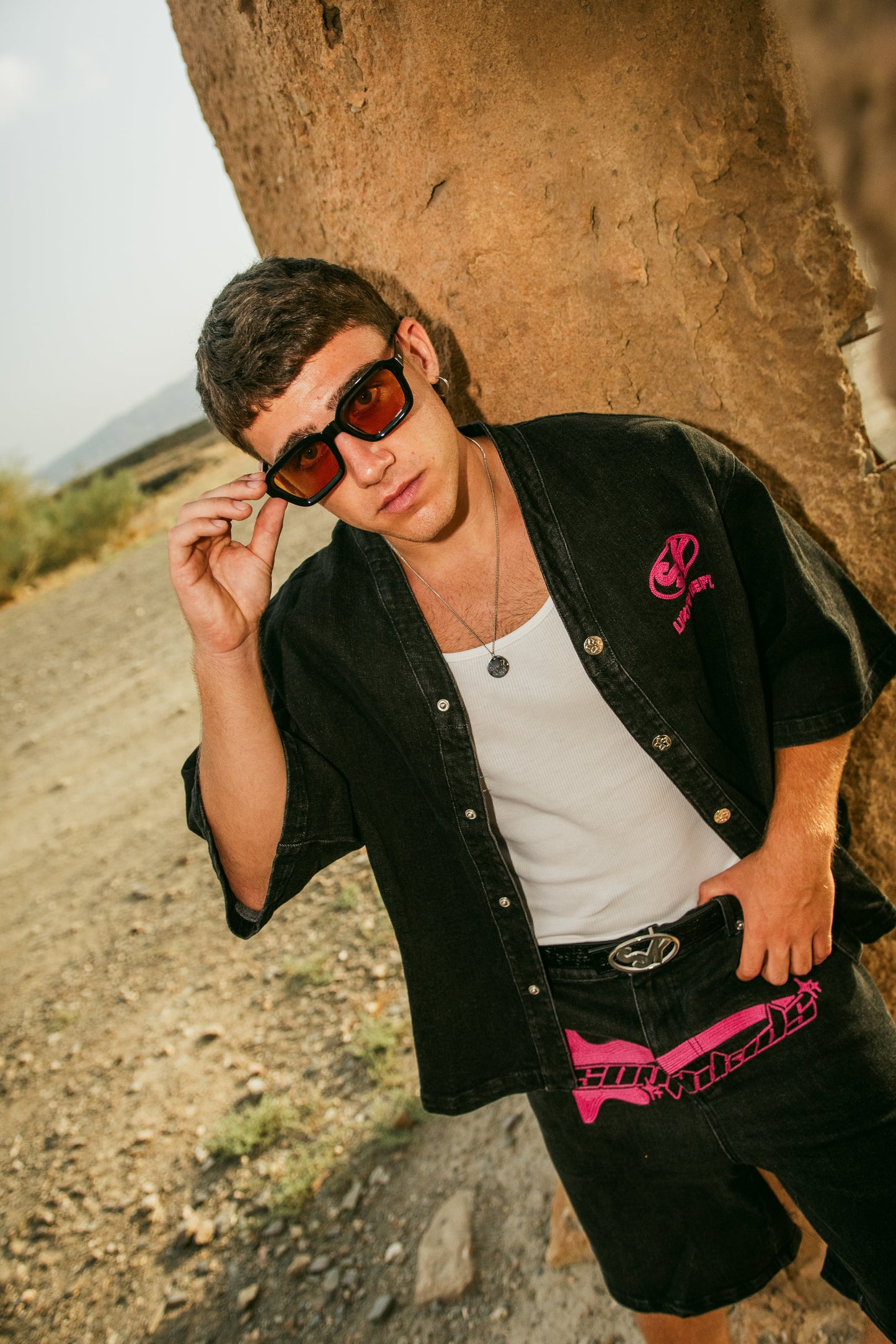 Denim Shirt Black & Pink