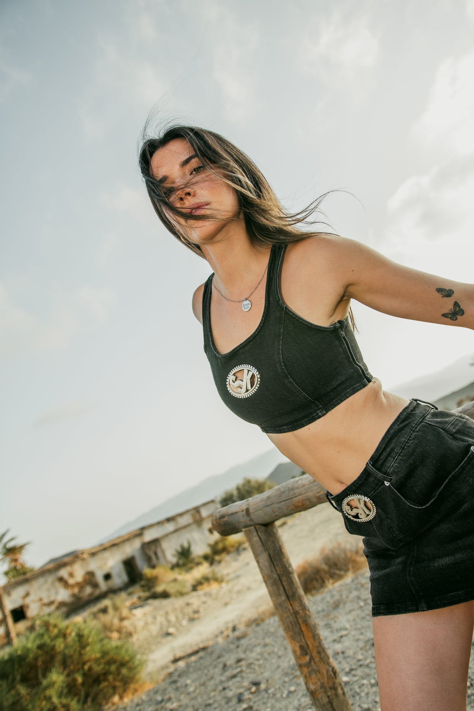 Denim Top Black & Pink