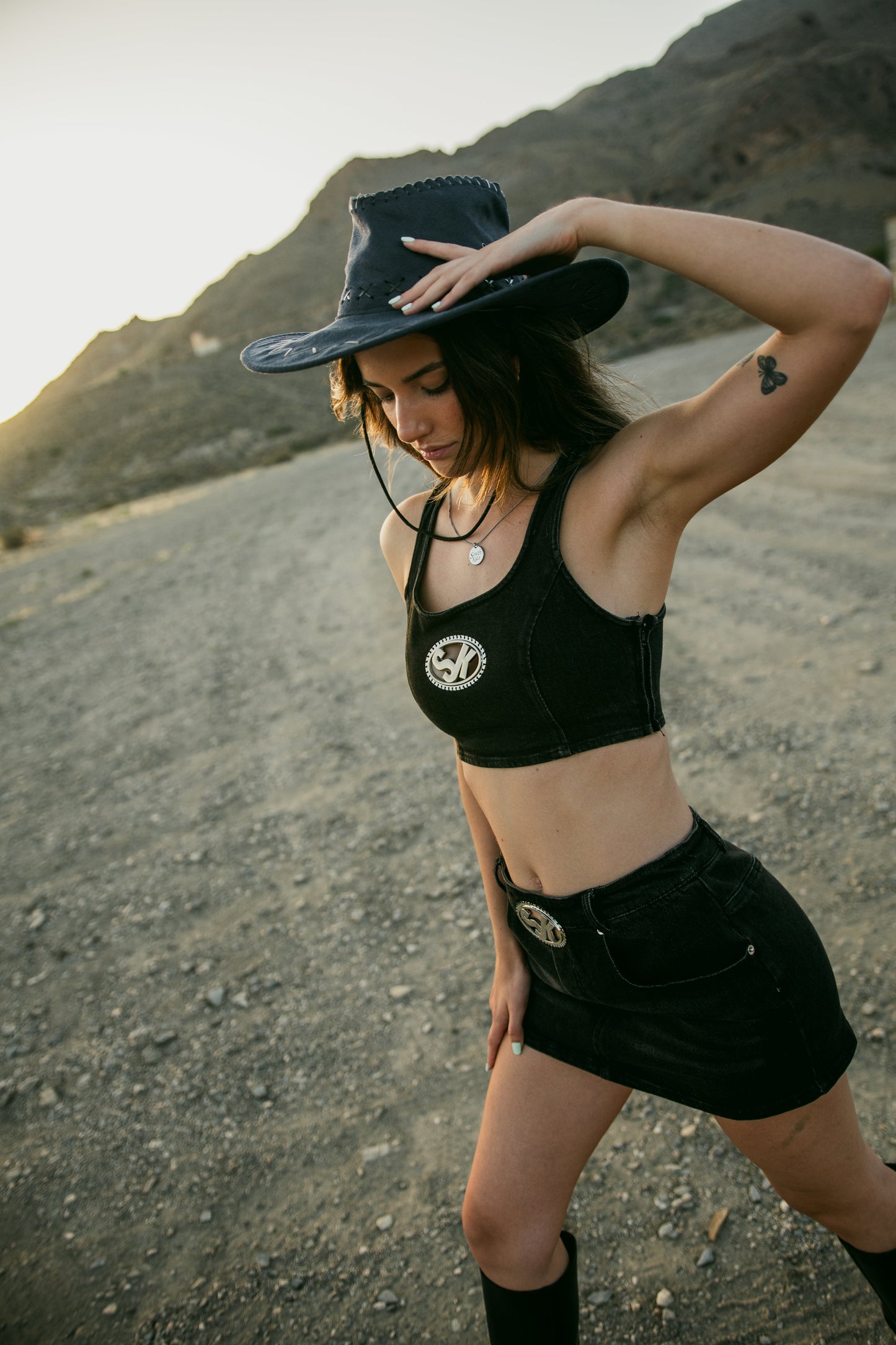 Denim Skirt Black & Pink