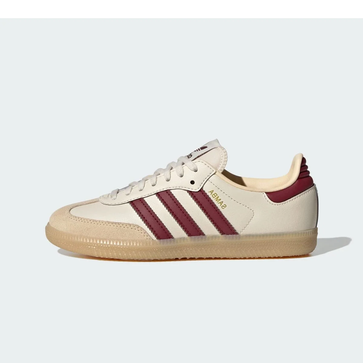 Overkicks - Adidas Samba OG Wonder White Shadow Red Gum (GS) (JQ8554) - vista lateral