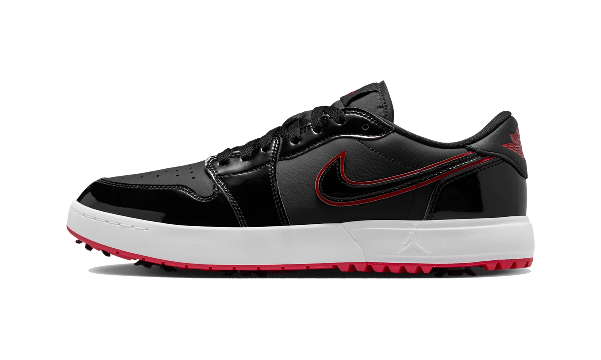 Overkicks - Air Jordan 1 Low Golf Spiked Bred Black Patent (IQ3417-002) - vista lateral