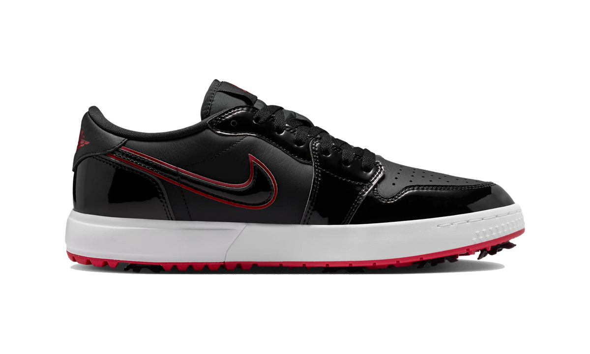 Overkicks - Air Jordan 1 Low Golf Spiked Bred Black Patent (IQ3417-002) - detalle suela