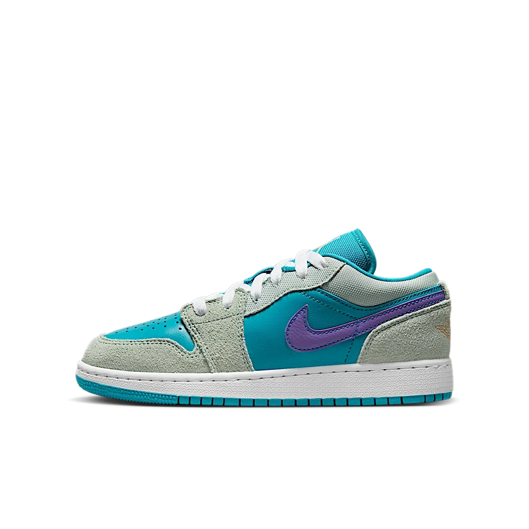 Overkicks - Air Jordan 1 Low SE Pistachio Frost Aquatone Psychic Purple Celestial Gold (GS) (DX4374-300) - vista lateral