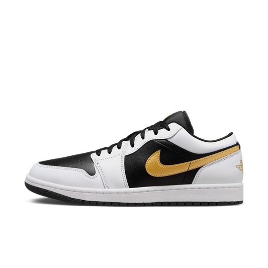 Overkicks - Air Jordan 1 Low White Black Metallic Gold Swoosh (553558-172) - vista lateral