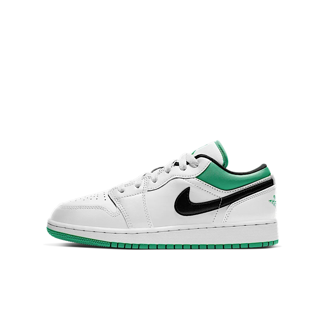 Overkicks - Air Jordan 1 Low White Lucky Green Tumbled Leather (GS) (553560-129) - vista lateral