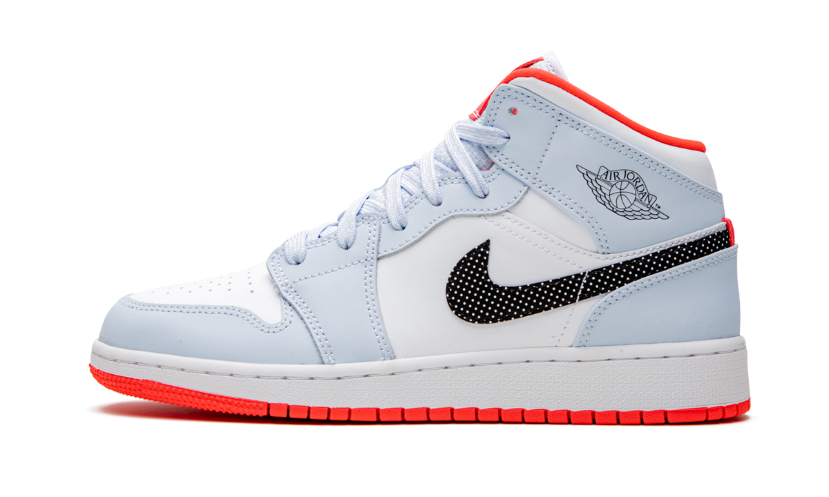 Overkicks - Air Jordan 1 Mid Half Blue Polka Dot Swoosh (555112-400) - vista lateral