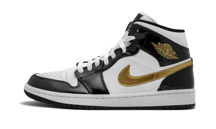 Overkicks - Air Jordan 1 Mid Patent Black White Gold (GS) (BQ6931-007) - vista lateral