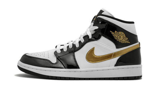 Overkicks - Air Jordan 1 Mid Patent Black White Gold (GS) (BQ6931-007) - vista lateral
