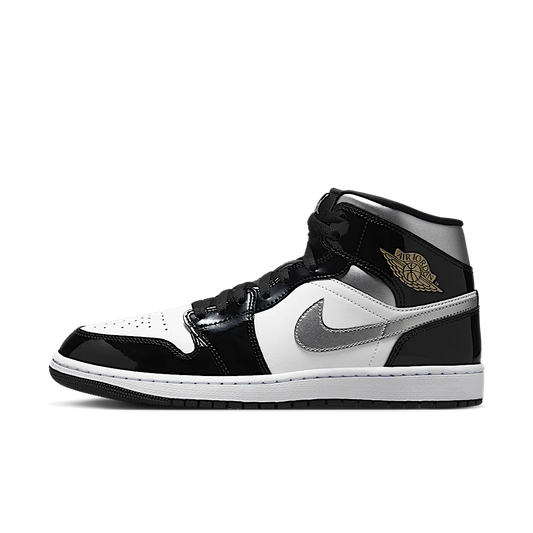 Overkicks - Air Jordan 1 Mid SE Patent Black White Metallic Silver Metallic Gold (HV0789-010) - vista lateral
