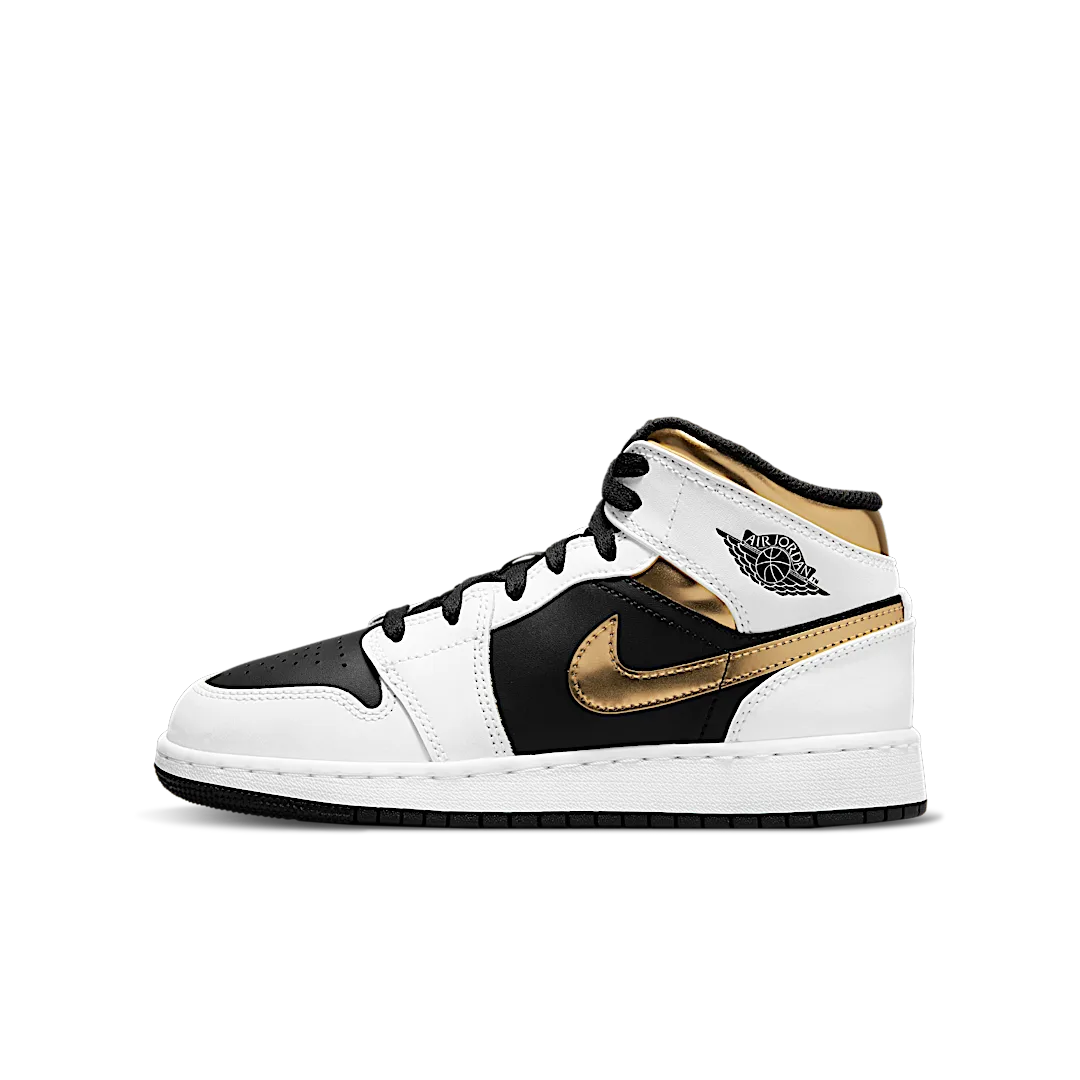 Overkicks - Air Jordan 1 Mid White Gold Black (GS) (554725-190) - vista lateral