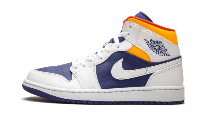 Overkicks - Air Jordan 1 Mid White Laser Orange Deep Royal Blue (554725-131) - vista lateral