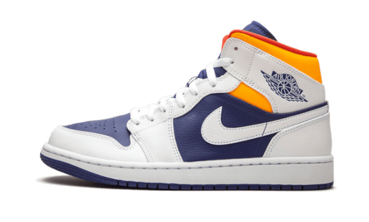 Overkicks - Air Jordan 1 Mid White Laser Orange Deep Royal Blue (554725-131) - vista lateral