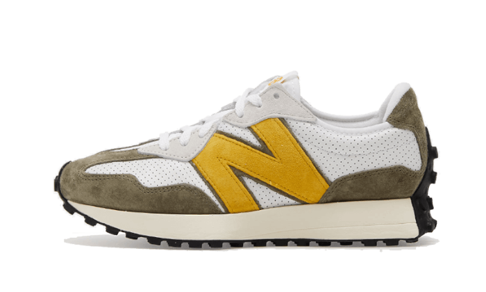 Overkicks - New Balance 327 White Yellow Olive (MS327PO) - vista lateral