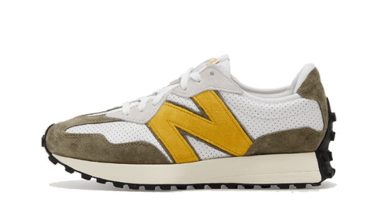 Overkicks - New Balance 327 White Yellow Olive (MS327PO) - vista lateral