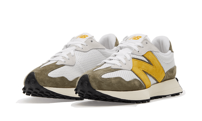 Overkicks - New Balance 327 White Yellow Olive (MS327PO) - vista trasera