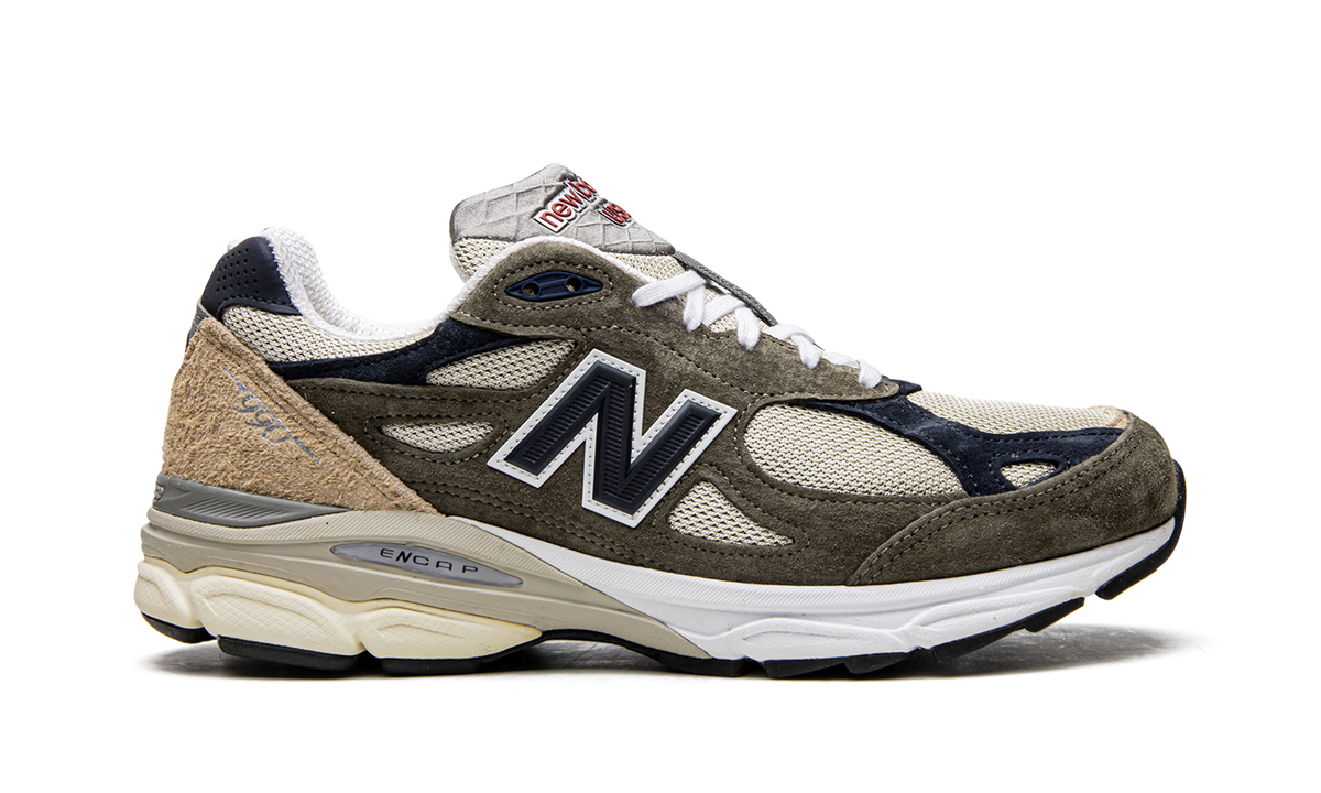 Overkicks - New Balance 990v3 MiUSA Grey Blue Olive (M990TO3) - detalle talón