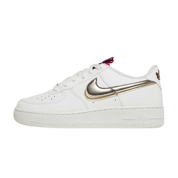 Overkicks - Nike Air Force 1 LV8 Double Swoosh Silver Gold (GS) (DH9595-001) - vista lateral