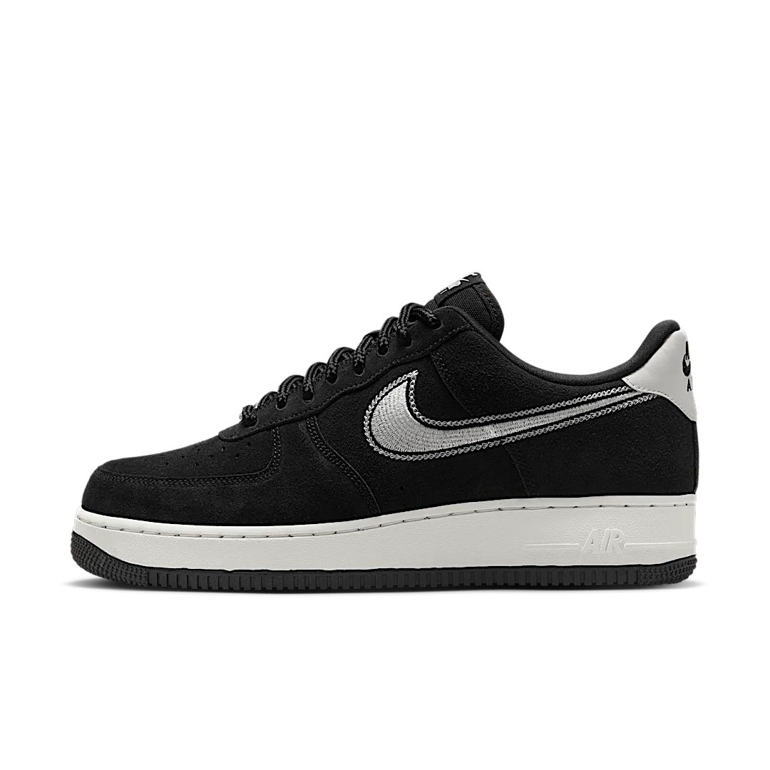 Overkicks - Nike Air Force 1 Low 07 LV8 Black Sail Embroidered Swoosh (HJ4465-001) - vista lateral