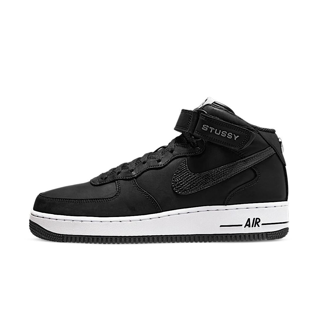 Overkicks - Nike Air Force 1 Mid Stussy Black White (DJ7840-001) - vista lateral
