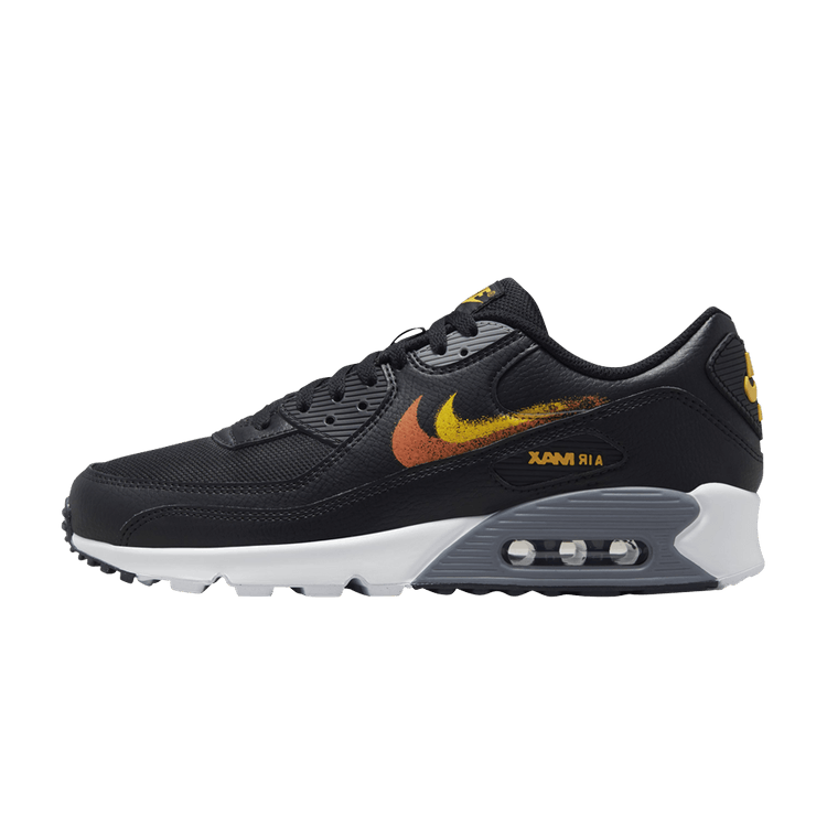 Overkicks - Nike Air Max 90 Spray Paint Swoosh Black University Gold (FJ4229-001) - vista lateral