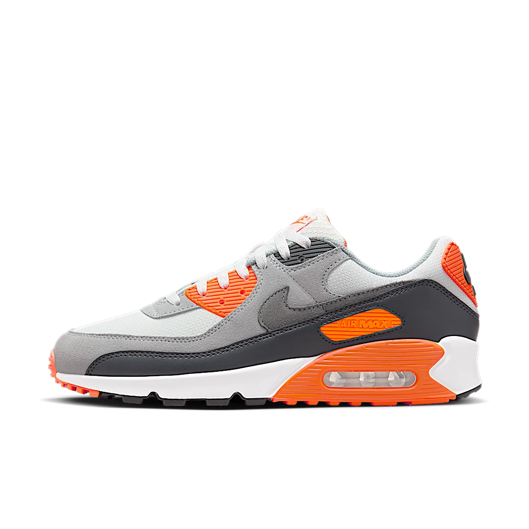 Overkicks - Nike Air Max 90 Summit White Safety Orange Dark Smoke Grey Smoke Grey (DM0029-108) - vista lateral