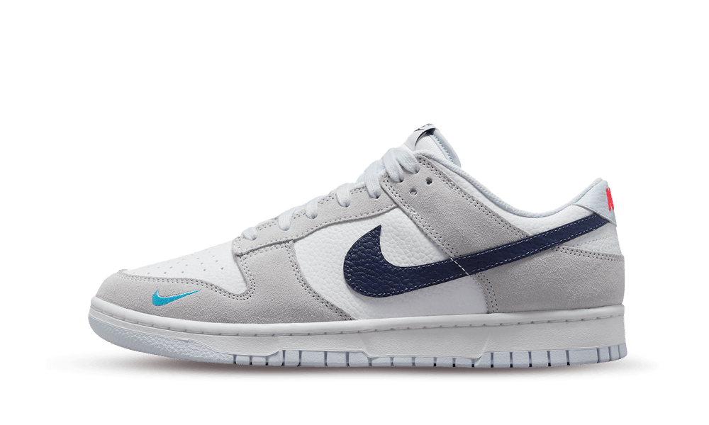 Overkicks - Nike Dunk Low White Grey Navy Aqua Mini Swoosh (FJ4227-001) - vista lateral