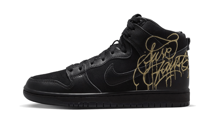 Overkicks - Nike SB Dunk High FAUST Black Gold (DH7755-001) - vista lateral