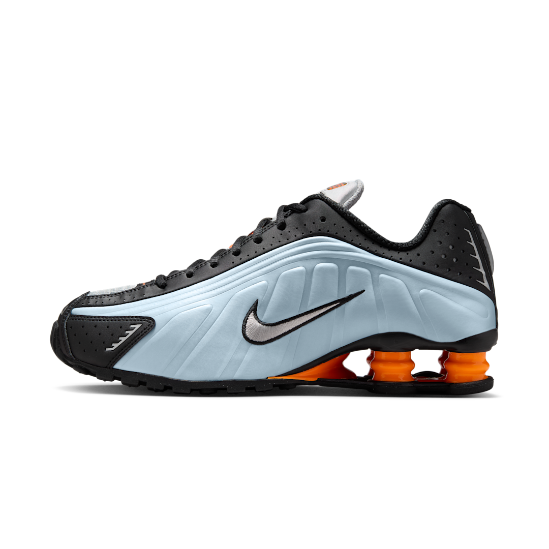 Overkicks - Nike Shox R4 Blue Tint Total Orange Black Metallic Silver (AR3565-401) - vista lateral