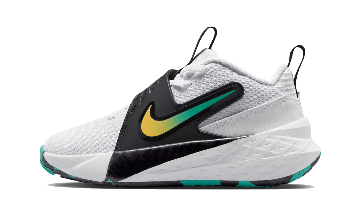 Overkicks - Nike Team Hustle D 12 White Black Emerald Topaz Gold (PS) (HF6280-105) - vista lateral