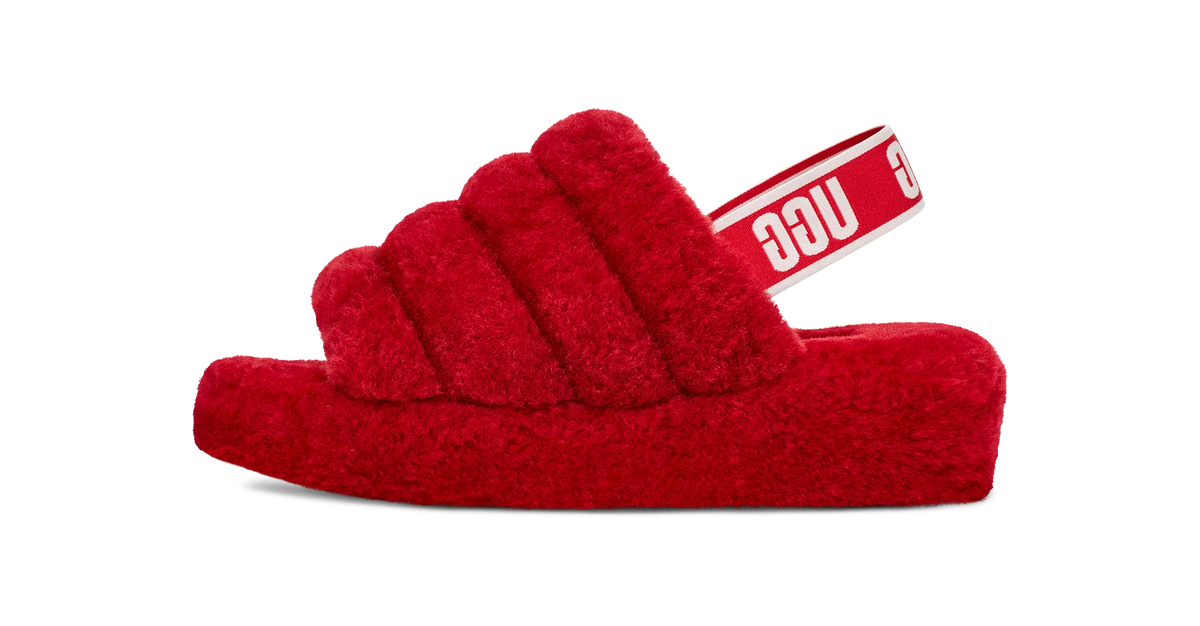 Overkicks - UGG Fluff Yeah Slide Ribbon Red (Womens) (1095119-RBRD) - vista lateral