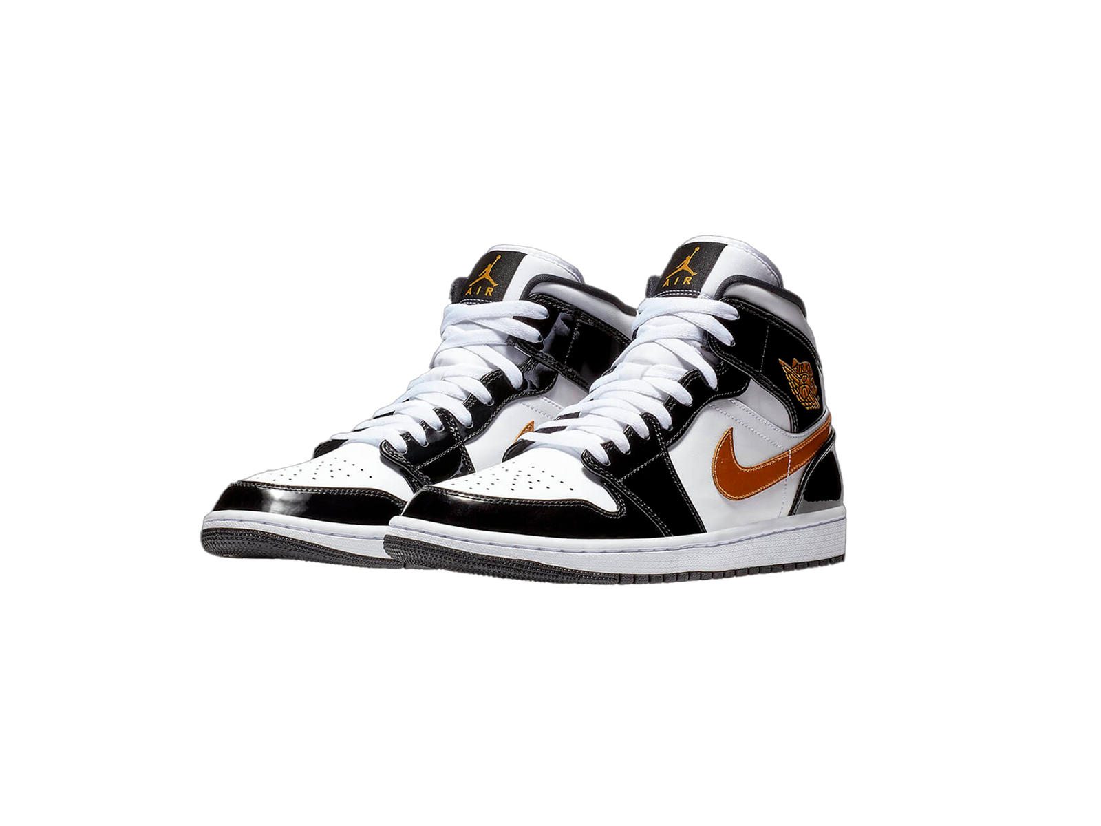 Jordan 1 Mid Patent Black White Gold